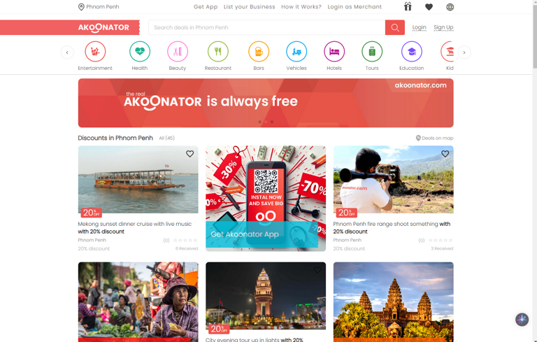 Akoonator deals marketplace, showing category filters and discounts around a city