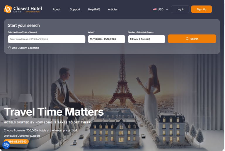 Closest Hotel search page, with hotels sorted by how long it takes to reach them