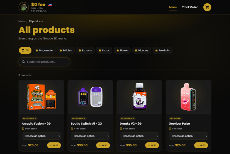 Groove SD product menu, showing categories, stock counts and per-product options